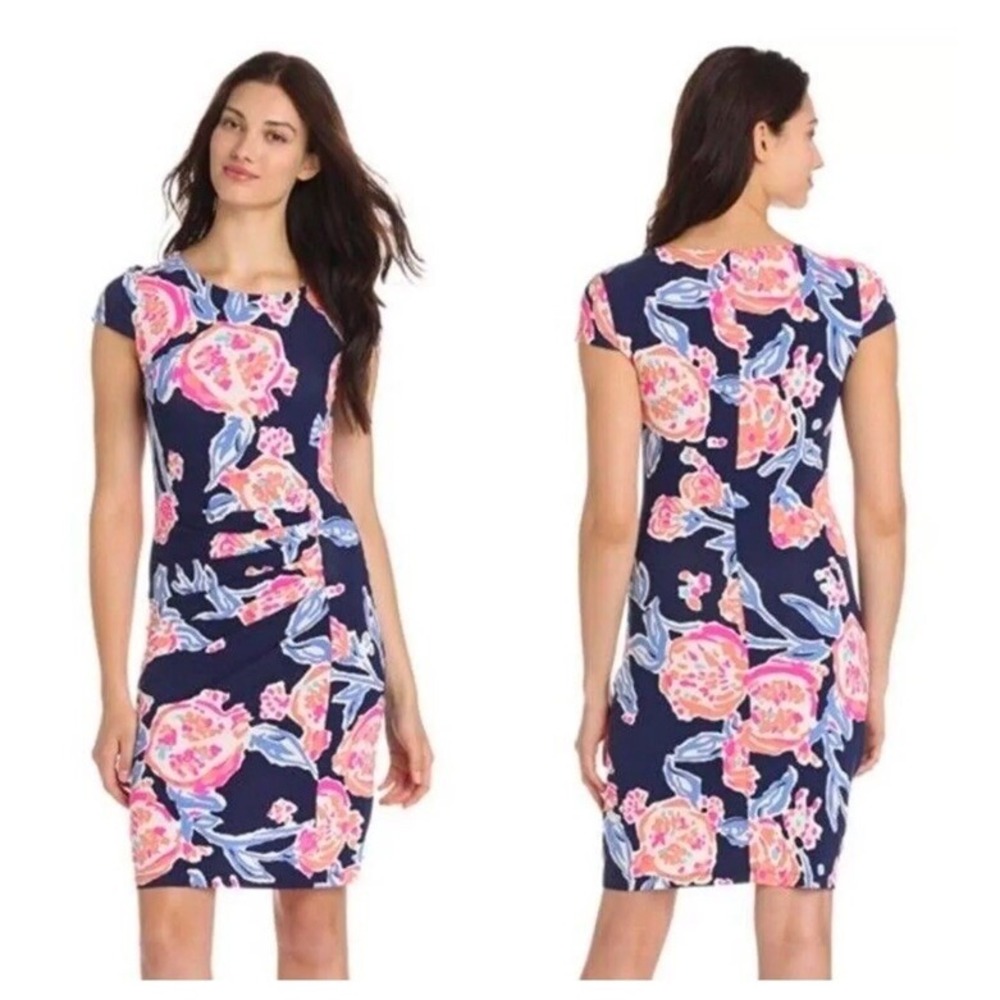 Lilly Pulitzer XS Kyra‎ Dress Ruched Bright Navy Pom Poms Blue Pink Floral
